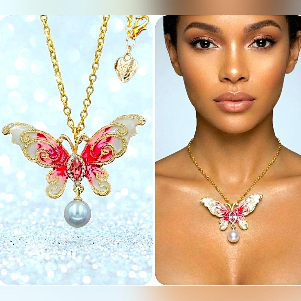 Gold plated pink and white crystal pearl butterfly necklace/brooch
